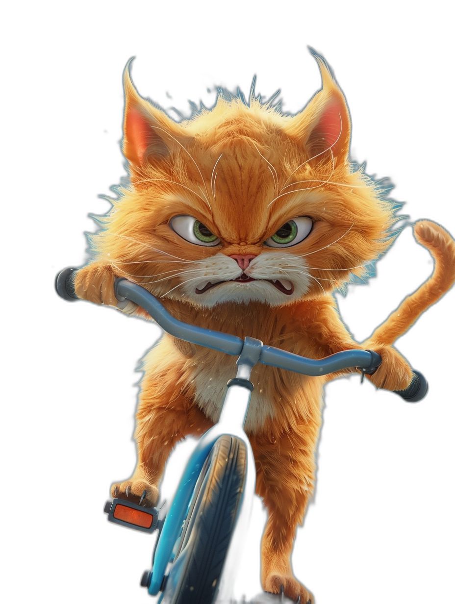 Cute cat riding on a bike, angry expression, in the style of Pixar, black background, cartoon character design, 3D rendering, high resolution, octane render, bright colors, high detail, best quality