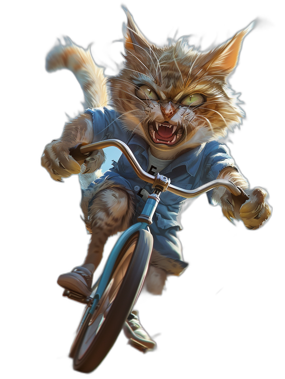 realistic digital concept art of an angry cat riding on the back wheel of bicycle, wearing blue shirt and shorts, black background, full body shot, fangs showing