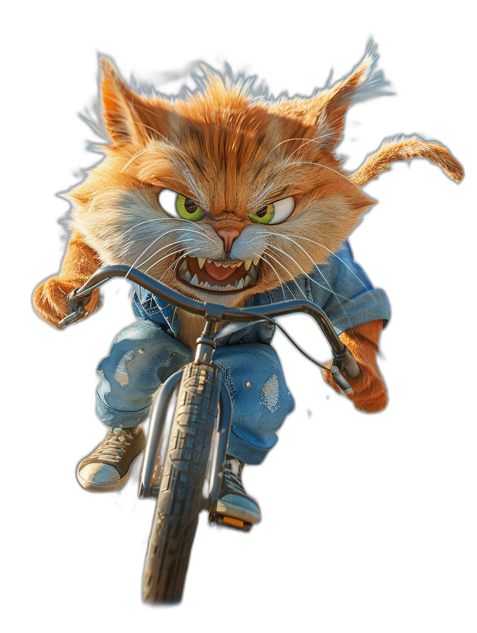 character design of an angry ginger cat with green eyes wearing blue jeans and white sneakers, riding a bicycle, 3D render, black background, in the style of Pixar