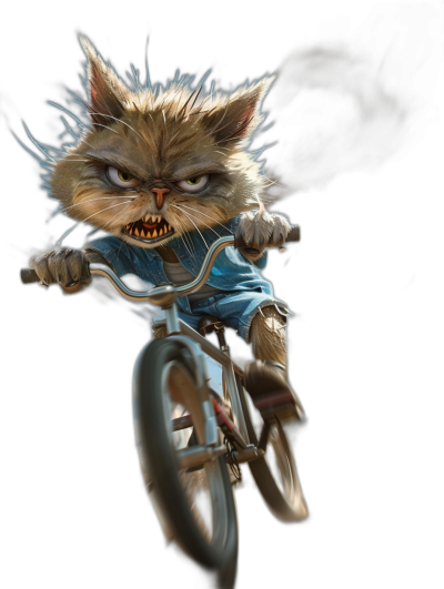 hyper realistic digital art of an angry cute cat riding on bicycle, wearing blue shirt and white pants, black background, angry face, dynamic pose, high resolution