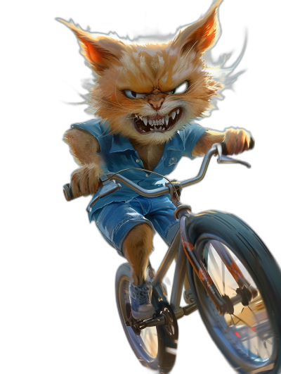 Hyper realistic, photo realistic depiction of an angry orange cat riding a bicycle wearing a blue shirt and shorts on a black background, in the style of cartoon, full body, front view, with a big head and small tail showing sharp teeth in its mouth, using bright colors, in a cinematic shot, in the style of Pixar art.