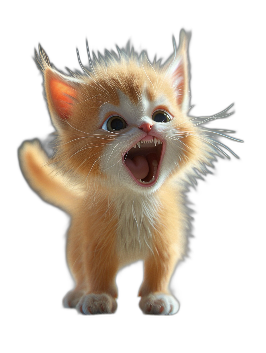 3D render of a cute kitten screaming with a happy expression in the style of Pixar on a black background with octane rendering that is hyper detailed and hyper realistic.