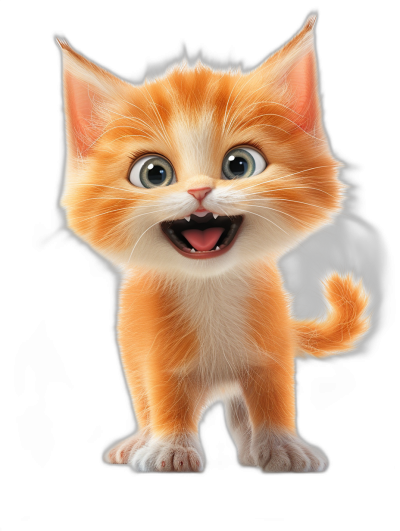 3D cartoon, happy cute orange cat with big eyes smiling, in the style of Pixar character on black background, adorable, lovely, in the style of Disney, adorable baby kitten