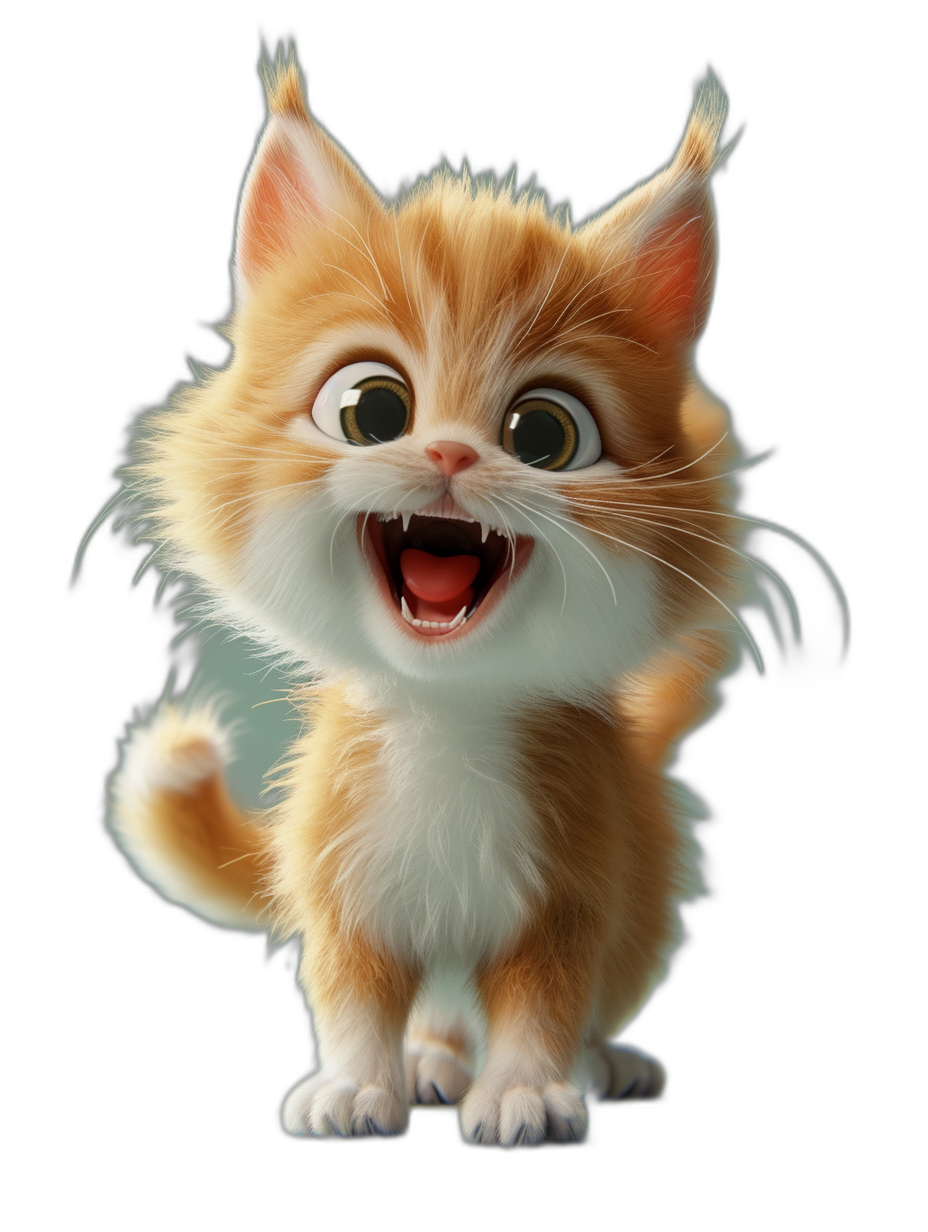 3D render of a happy cute kitten character with its mouth open, in the style of Pixar, on a black background, with octane rendering, hyper detailed, hyper realistically detailed.