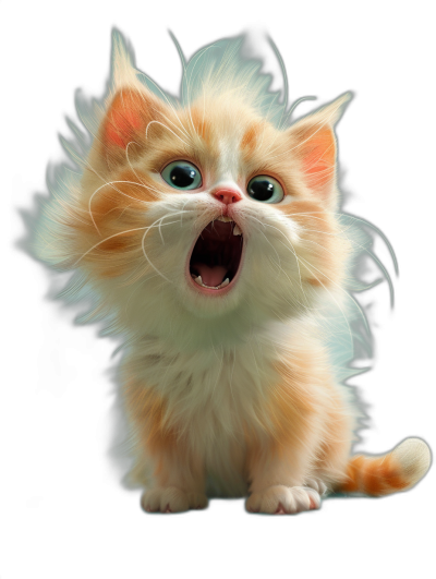 A cute Pixar kitten character, light brown and white with long hair blowing in the wind in front of a black background. Shouting with its mouth open and a funny expression, shown in a full body shot with high details and vibrant colors as well as soft shadows.