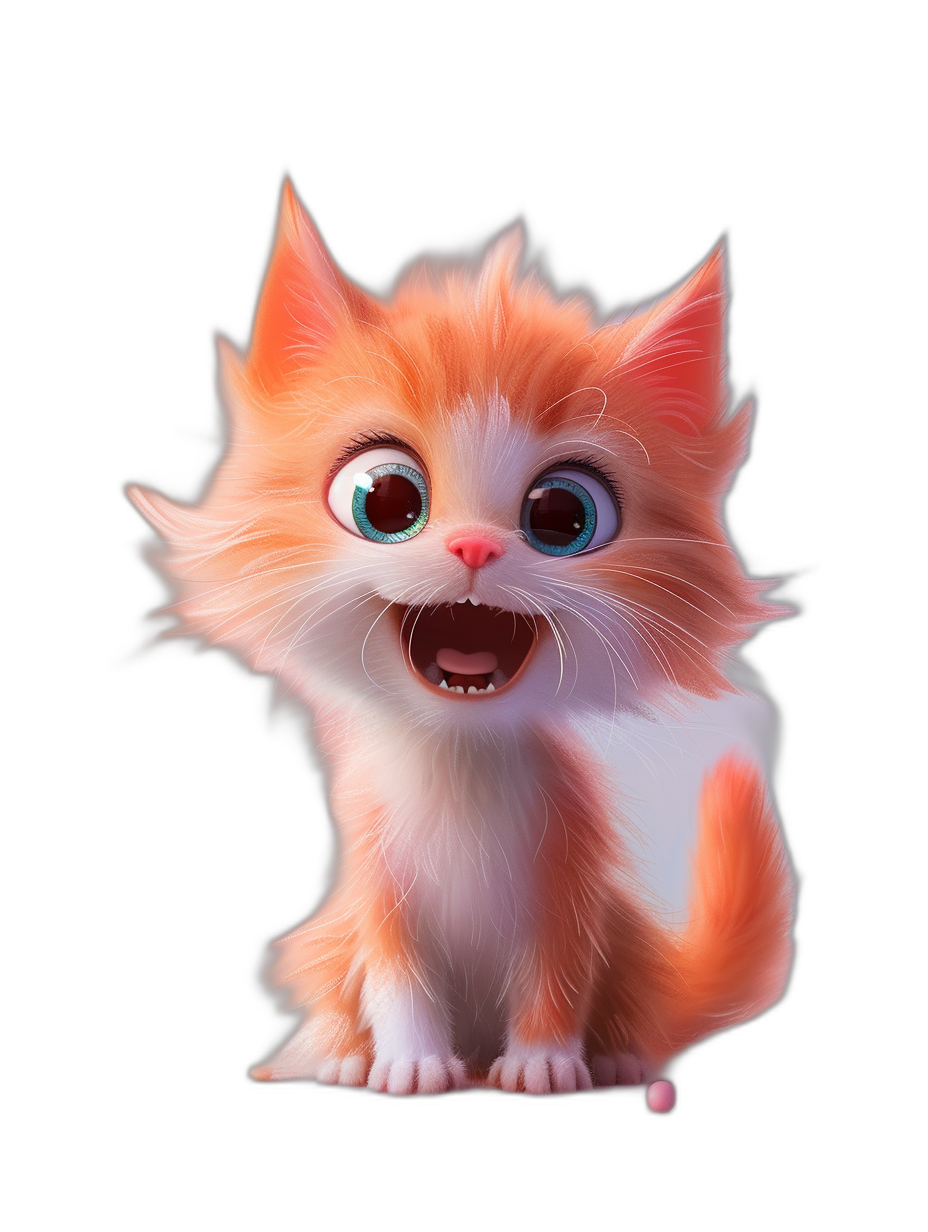 Cute happy orange and white kitten, in the style of Pixar, in the style of Disney, black background, big eyes, happy smile, white fur on the face, long hair around the neck, pink nose, full body shot, octane rendering, 3D art, high resolution, 8k.