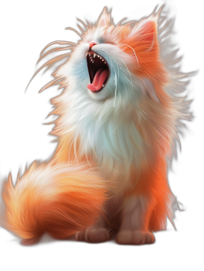 A cute orange and white cat with long hair, mouth open wide in a happy yawn, in the style of digital art, black background, cute cartoon design, in the style of fantasy illustration, exquisite details, digital painting, soft light effects, high resolution, super clear