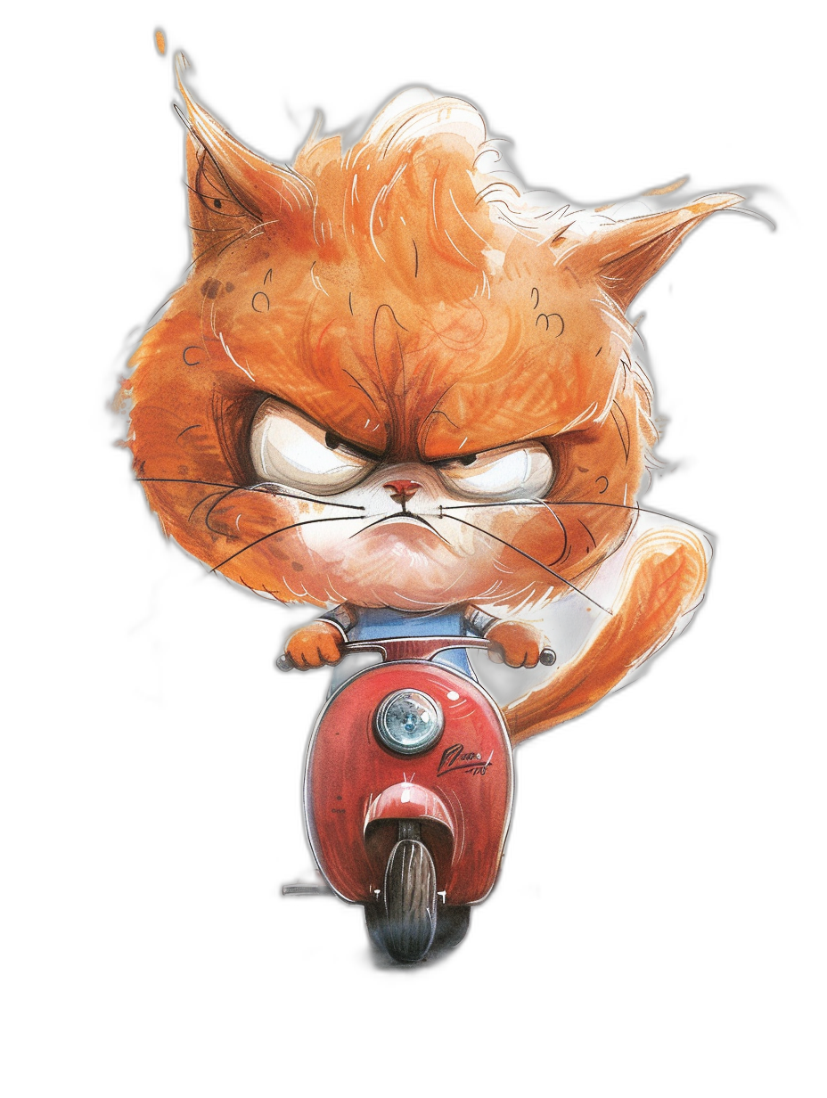 grumpy orange cat on red scooter, vector illustration in the style of [Ralph Steadman](https://goo.gl/search?artist%20Ralph%20Steadman) and [Tiago Hoisel](https://goo.gl/search?artist%20Tiago%20Hoisel) in the style of funny caricature character design, playful mood black background