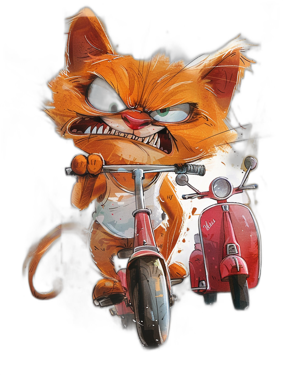 t-shirt design, cute chibi cat on scooter with an angry expression and fangs in the style of digital painting, full body shot from front view on an isolated black background, detailed character illustration, playful use of shapes and an ink wash atmosphere.