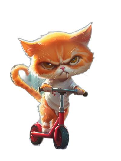 grumpy orange cat wearing a white t-shirt riding a red scooter against a black background, in the style of Disney as a cartoon character, character concept art for a game, cute and colorful, high resolution, high detail, high quality, high sharpness, highly detailed, highly realistic, volumetric lighting, rendered in Octane