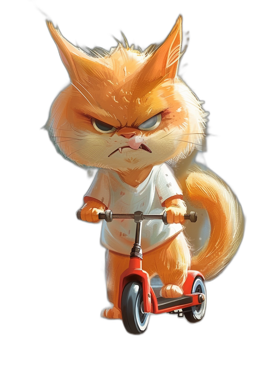 Grumpy orange cat with white t-shirt riding scooter on a black background, in the style of Disney and Pixar cartoon character art, full body shot from the front, character design for a game asset, high resolution, detailed illustration, concept drawing, sketch, cute, trending on pixiv fanbox of the same character wearing plain , stylized with stylization elements, 2D game art, digital painting, simple lineart with flat colors and low details, redshift render.