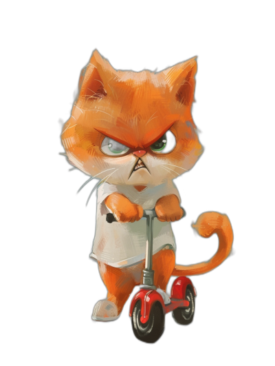 A cute orange cat with an angry expression, wearing a white T-shirt and red shoes, riding a scooter against a black background in the style of Disney Pixar animation character design.