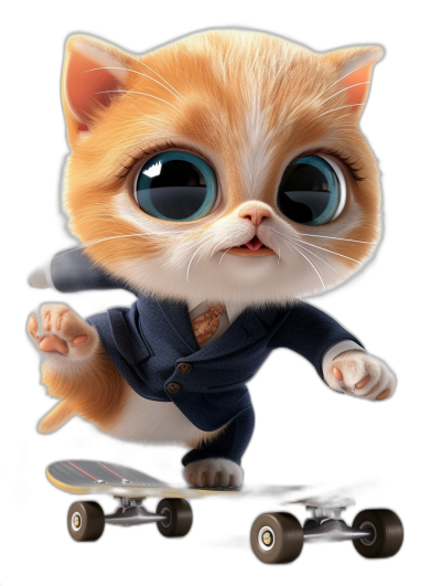 3D vector design of an adorable kitten with big eyes, dressed in professional attire and riding on a skateboard on a solid black background. A cute character illustration in the style of Disney with a cartoon character design, created using the Blender software.