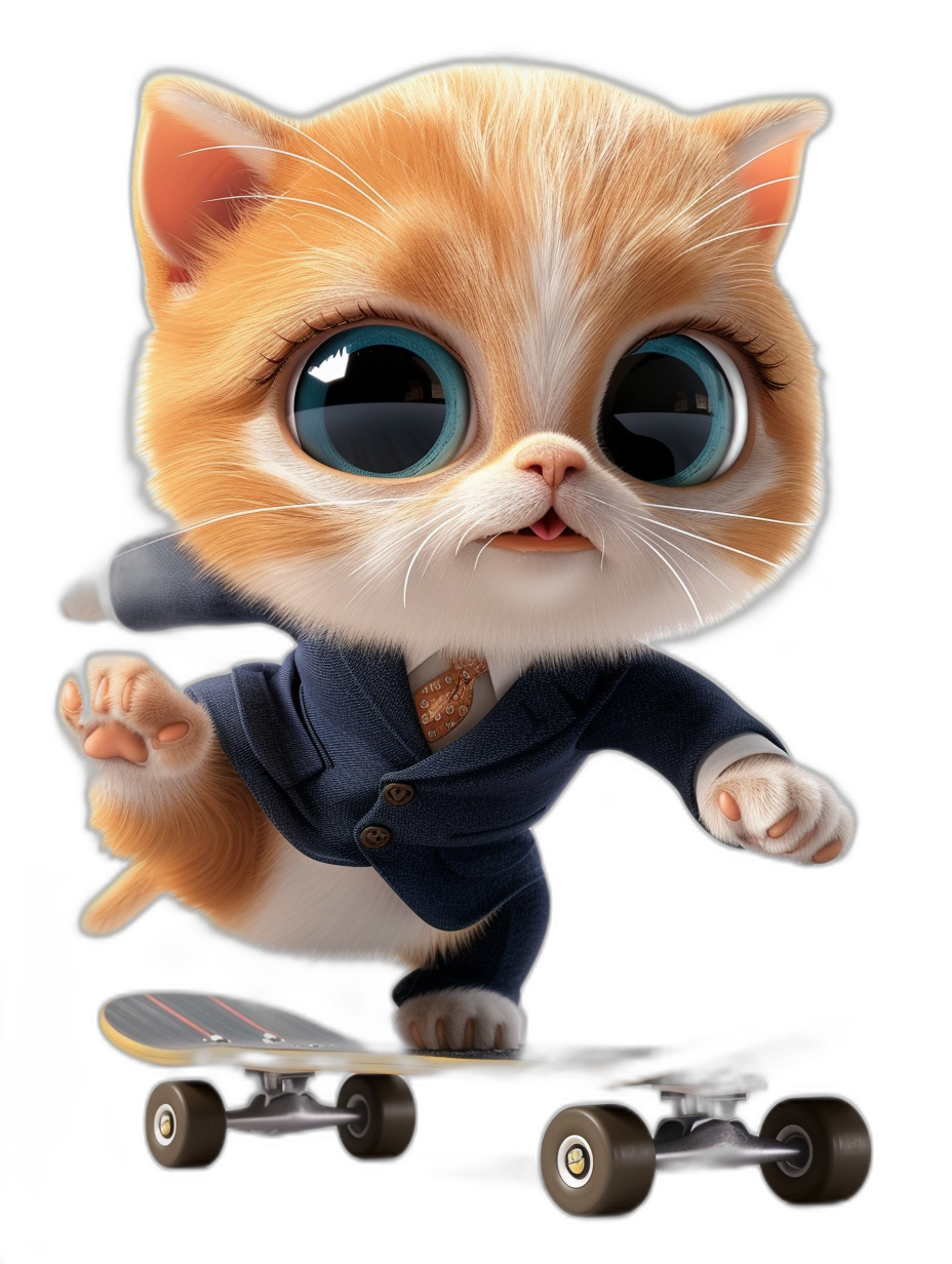 3D vector design of an adorable kitten with big eyes, dressed in professional attire and riding on a skateboard on a solid black background. A cute character illustration in the style of Disney with a cartoon character design, created using the Blender software.