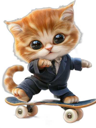 Cute cartoon cat in suit riding on skateboard, black background, high resolution, professional photograph, super detail, hyper realistic, super sharp details