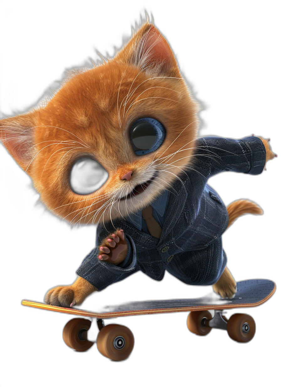 Cute Pixar-style orange kitten in a blue suit, with big eyes and a cute face, riding on a skateboard, against a black background, with high definition and super detailed studio lighting, rendered with octane, in the style of a cool cartoon style.