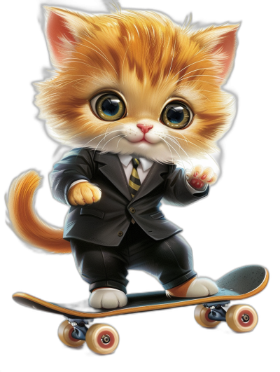 digital art of cute kitten , wear suit and tie, skating on skateboard black background , big eyes , lovely expression ， highly detailed