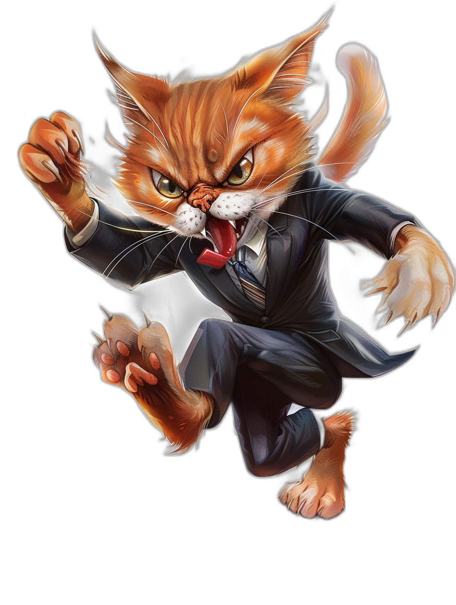 A realistic digital illustration of an angry ginger cat dressed in business attire jumping with one leg up, black background, full body portrait, front view, in the style of [Artgerm](https://goo.gl/search?artist%20Artgerm) and [Greg Rutkowski](https://goo.gl/search?artist%20Greg%20Rutkowski) and Hsiao Ron Cheng and [WLOP](https://goo.gl/search?artist%20WLOP).