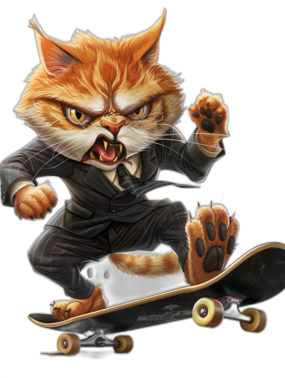 realistic digital illustration of an angry cat in business suit, riding on skateboard, black background, full body portrait, paws showing