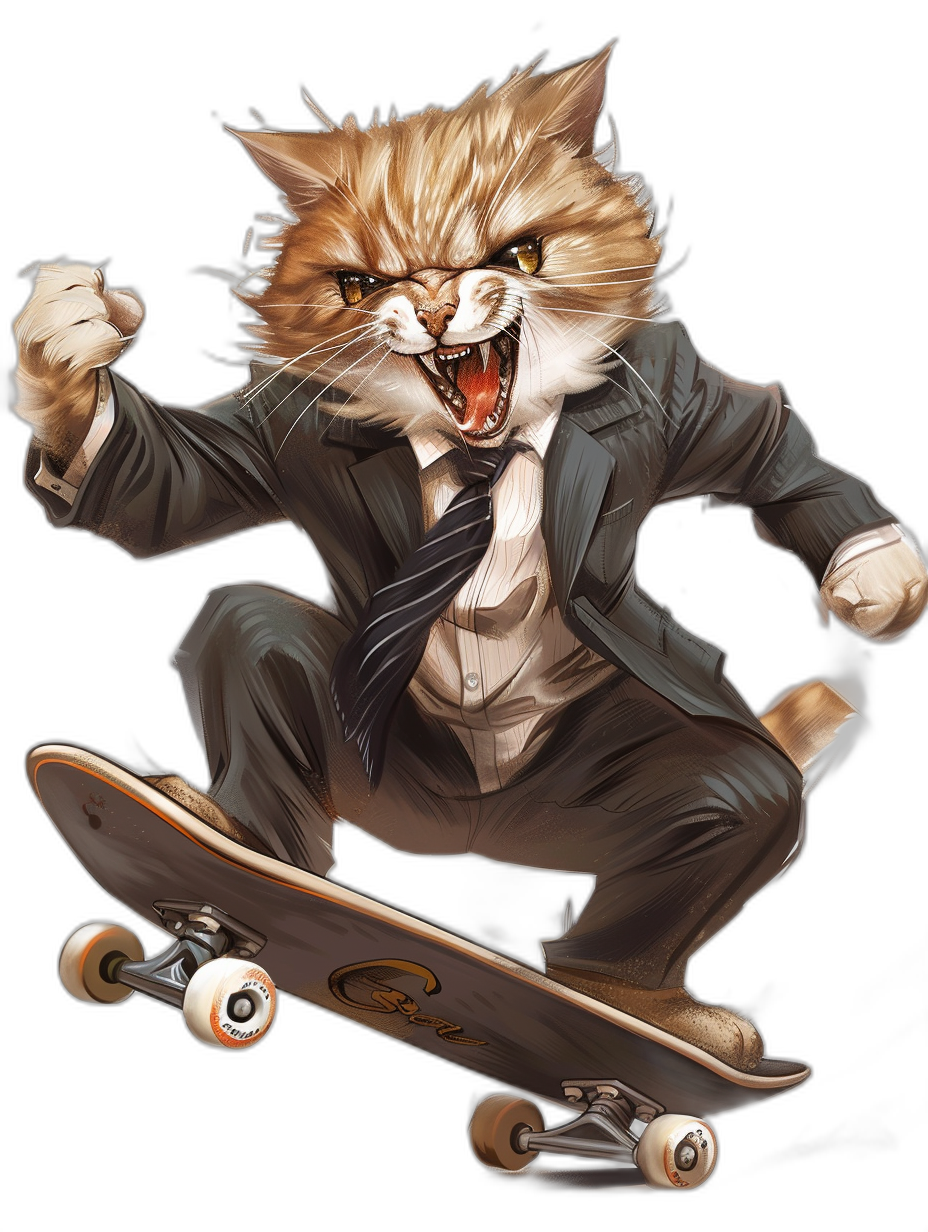 A cat in a suit and tie riding on a skateboard, in the style of anime, black background, cute, detailed fur texture, fierce expression, detailed illustration, dynamic pose, high resolution, high contrast, vibrant colors, exaggerated facial expressions, sharp focus, high detail, high definition, digital art, digital painting, full body portrait, wide angle shot, dynamic composition, action scene, exaggerated motion.