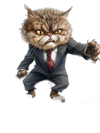 realistic digital illustration of an angry Persian cat dressed in a business suit, full body with paws outstretched, in the style of cartoon on a black background