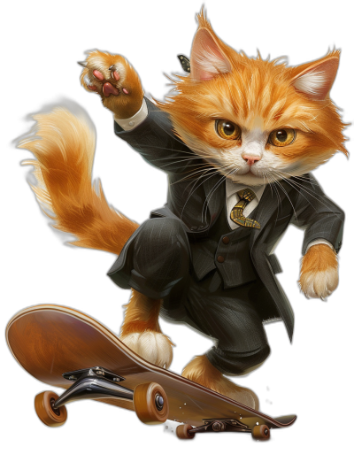 digital art of a cool and cute orange cat, wearing a suit and riding on a skateboard against a black background in a full body pose.