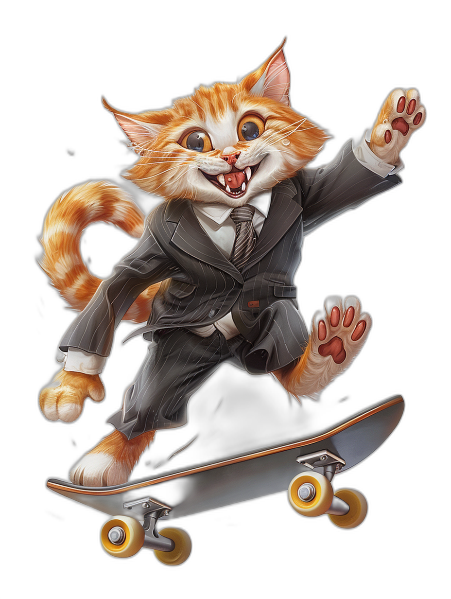 A happy smiling cat in suit is skateboarding, vector illustration style with black background, cartoon, hyper-realistic animal illustrations, orange and gray, detailed character design, high resolution, professional photograph, charming characters, t-shirt print design