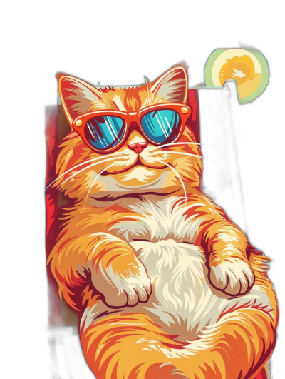 digital art of a cool fat orange cat, wearing sunglasses sitting on a chair in a night club, black background, chill mood. The art is in the style of night club scenes.