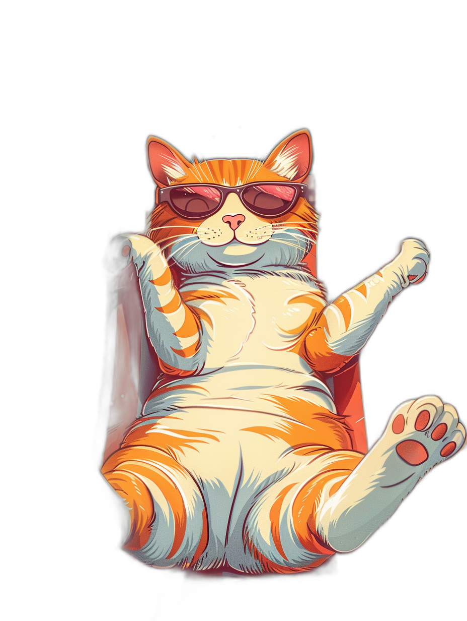 An orange and white cat with sunglasses on, sitting in an armchair, doing the rock pose in the style of comic style, vector illustration in the style of action paintings, dark background, full body shot, close up