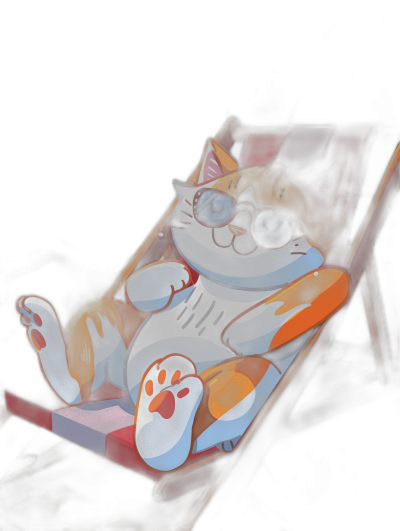 A cartoon cat wearing sunglasses is lying on an outdoor deck chair, playing with its feet in the air. It has a dark background and features cartoon characters. The bright white light illuminates it from above. It's a 3D rendered illustration. In front of it was a red striped blanket. The orange haired Cat looks very happy, and its blue eyes sparkle like diamonds. The cat is depicted in the style of cartoon illustrations.