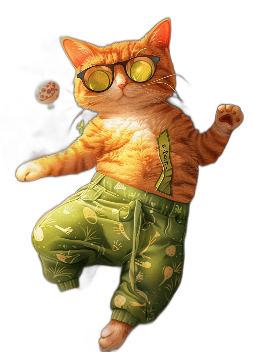 digital art of cute fat orange cat , wearing green and white loose baggy yoga pants, yellow circle glasses with one leg up in the air black background, tiny pizza flying around his head