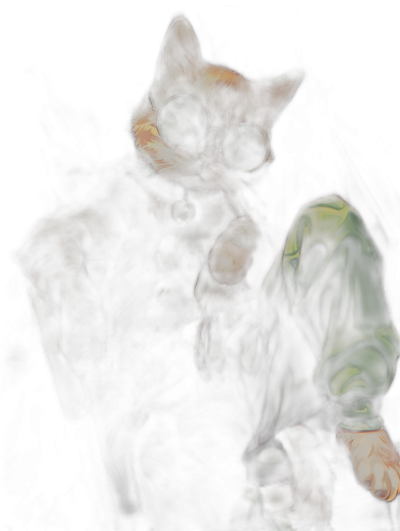 A dark orange and white cat with green eyes, wearing round glasses, sits on the lap of an adult male in his thirties dressed in the style of hunter x hunter's tre trespasser. The digital art has a black background and is a full body portrait in a furry art style.