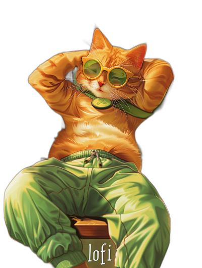 A ginger cat with green sunglasses, sitting on top of his legs wearing baggy pants that say "lofi", in the style of [Akira Toriyama](https://goo.gl/search?artist%20Akira%20Toriyama) and [Artgerm](https://goo.gl/search?artist%20Artgerm), on a black background, full body portrait.