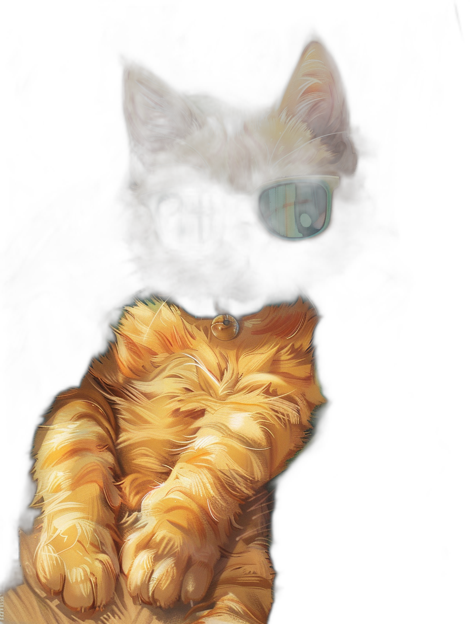 digital art of a cool fat orange cat, the kitten is wearing sunglasses on a black background with warm lighting in the style of a digital painting, high resolution