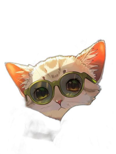 A cute cat with green glasses in the style of [Studio Ghibli](https://goo.gl/search?artist%20Studio%20Ghibli), on a black background, vector art, vector illustration, flat design, digital art, 2D game art, anime, high resolution, high detail, no blur effect, no gradient shading, t-shirt print ready, 300 dpi.