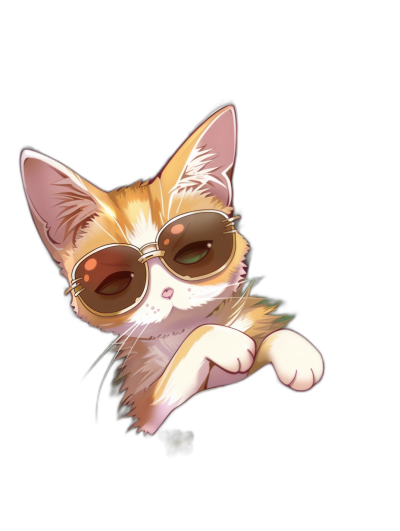 digital art of a cute kitten, wearing sunglasses on a black background, in the style of minimalism