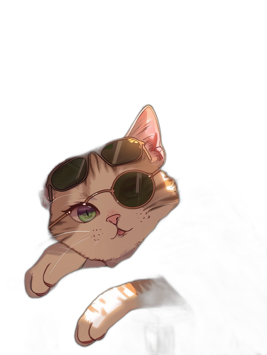 A cute cat with sunglasses floating in the air on a black background in the anime style in the style of [Studio Ghibli](https://goo.gl/search?artist%20Studio%20Ghibli) and [Makoto Shinkai](https://goo.gl/search?artist%20Makoto%20Shinkai). Simple, cute, kawaii portrait view.