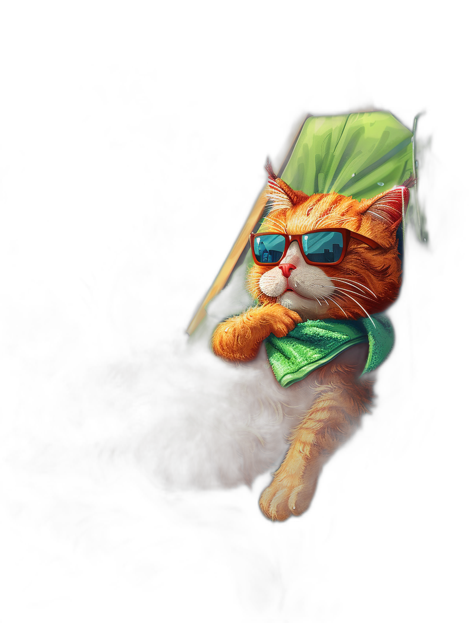 Illustration of a cute ginger cat with blue sunglasses and a green scarf lying in a chair against a dark background, in the style of League of Legends splash art.