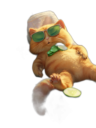 A fat ginger cat wearing sunglasses and holding a cucumber, lying on its back with legs up in the air against an isolated black background, in the style of Pixar.