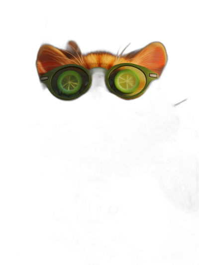 A cute little orange cat with green glasses and a cucumber in its eyes, on a pure black background, in the style of Pixar, high definition photography, minimalist art, high resolution, a close-up shot of the face, front view, simple design, pure black background