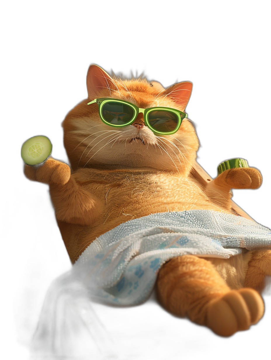 a photo of an orange cat with green sunglasses and towel, lying on massage table holding cucumber in hand, black background, full body shot, cute, funny, cute face expression, hyper realistic, high resolution, high details