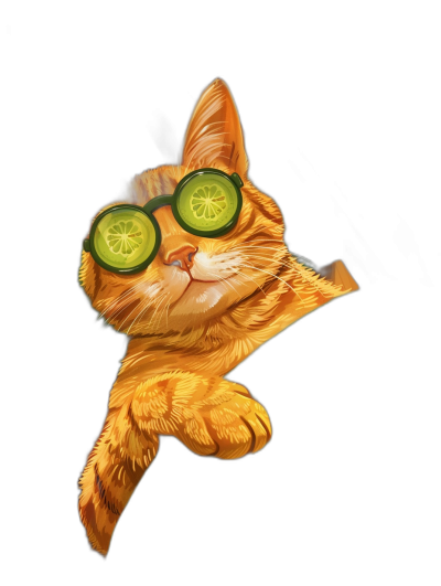 t-shirt design, isolated on a black background with no shadow or background noise, a cute smiling ginger cat wearing cucumber slice glasses and doing the peace sign pose, in the style of digital art.