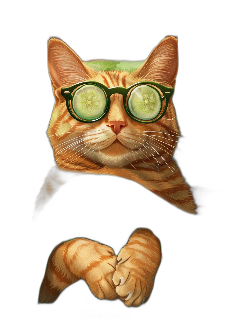 ginger cat with cucumber glasses, on black background, vector art in the style of jake park mid shot portrait, in a cartoon style, hyper realistic