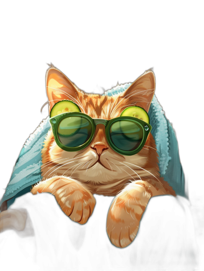 digital art of cute and fat orange cat , wear sunglasses with blue towel around the neck, black background , chill smile , wearing green glasses on head