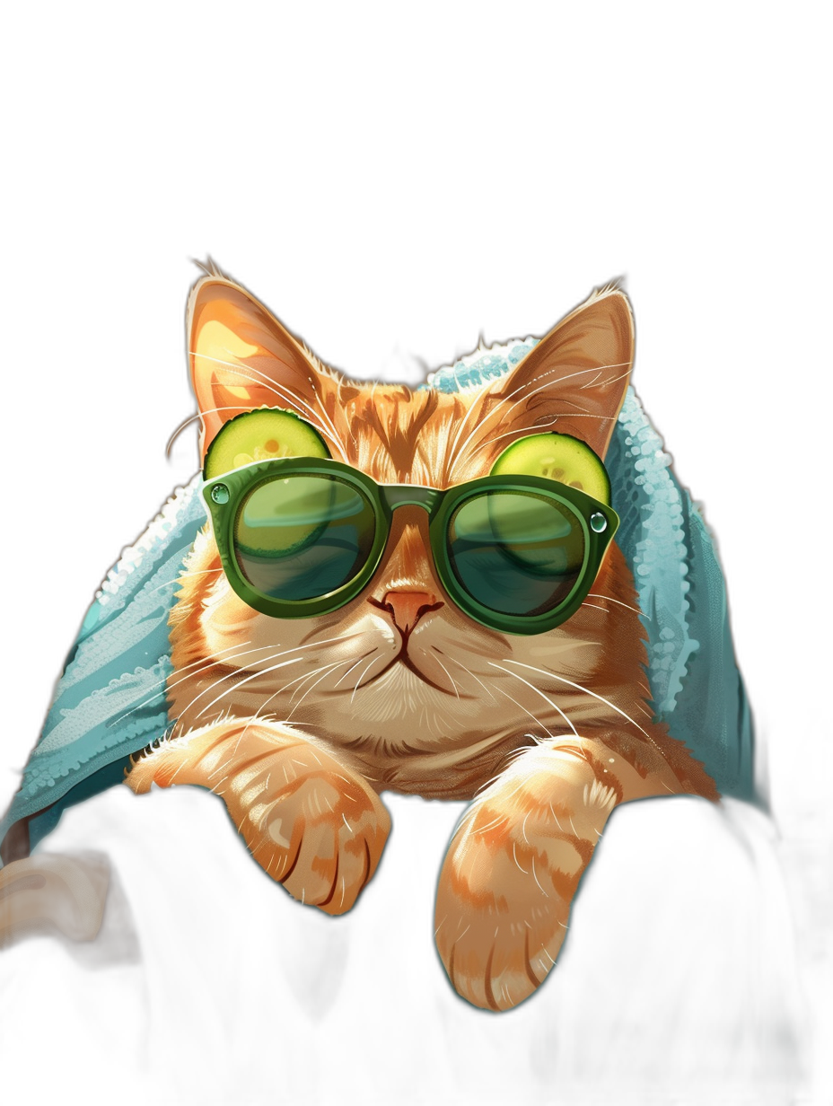 digital art of cute and fat orange cat , wear sunglasses with blue towel around the neck, black background , chill smile , wearing green glasses on head