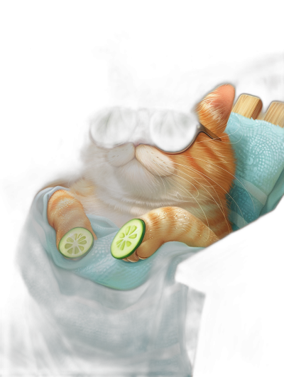 digital art of cool and fat orange cat , wear sunglasses, holding blue towel with two cucumber in the hand , chill vibe and dark background