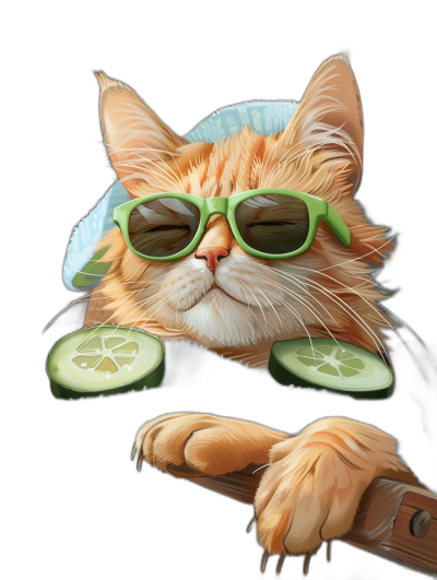 digital art of a cool and fat orange cat, wearing sunglasses with green lenses, holding a cucumber paw, black background, chill expression, enjoying spa time at the cafe in the style of unknown artist.