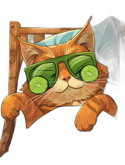 vector design of an orange cat wearing green sunglasses sleeping in bed, on black background, t-shirt vector ready, ultra detailed and cute