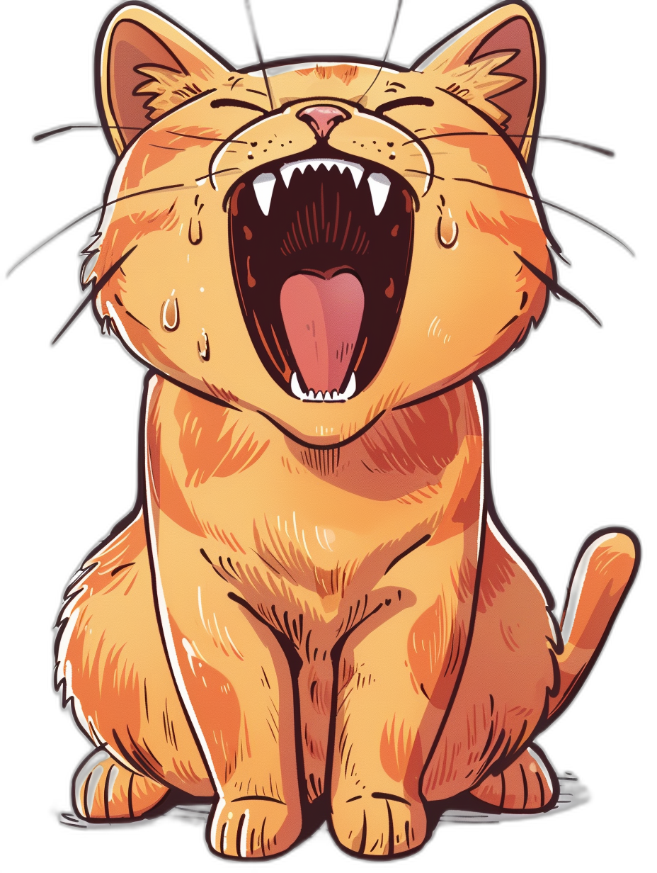 A cartoon illustration of an orange cat laughing with its mouth open, in the vector art style, sticker design, isolated on a black background, with hyper realistic and extreme details, and cinematic lighting.