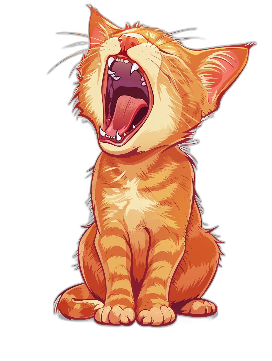 vector design of an orange cat meowing in the style of a t-shirt graphic with a black background depicting the full body in a cute style